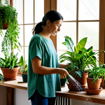 Indoor Garden Oasis**

A bright, airy living room filled with a variety of healthy, thriving houseplants. Focus on green foliage, diverse textures, and natural light streaming through a large window. Plants in terracotta pots and hanging planters. A woman, fully clothed in a modest casual outfit, is gently watering a plant. Appropriate content, safe for work, perfect anatomy, natural pose, well-formed hands, professional photography, high quality, modest.

**