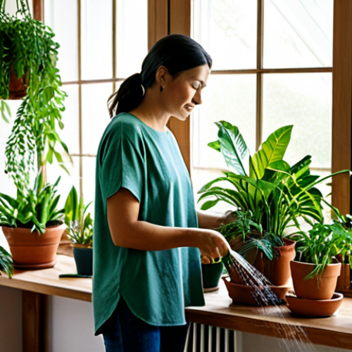 Indoor Garden Oasis**

A bright, airy living room filled with a variety of healthy, thriving houseplants. Focus on green foliage, diverse textures, and natural light streaming through a large window. Plants in terracotta pots and hanging planters. A woman, fully clothed in a modest casual outfit, is gently watering a plant. Appropriate content, safe for work, perfect anatomy, natural pose, well-formed hands, professional photography, high quality, modest.

**
