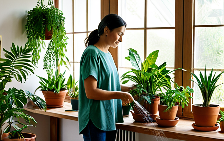 Indoor Garden Oasis**

A bright, airy living room filled with a variety of healthy, thriving houseplants. Focus on green foliage, diverse textures, and natural light streaming through a large window. Plants in terracotta pots and hanging planters. A woman, fully clothed in a modest casual outfit, is gently watering a plant. Appropriate content, safe for work, perfect anatomy, natural pose, well-formed hands, professional photography, high quality, modest.

**