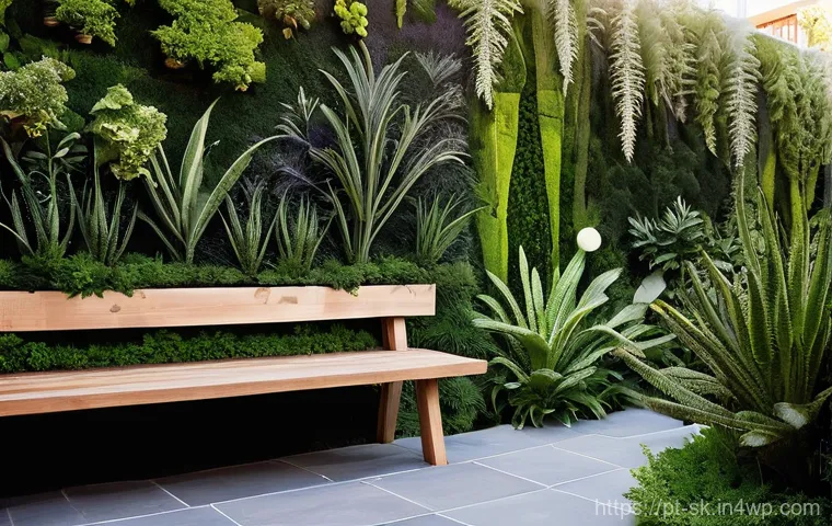 정원에서의 시각적 효과 극대화하기 - **Prompt:** A serene and inviting vertical garden flourishing on a whitewashed wall of a traditional...