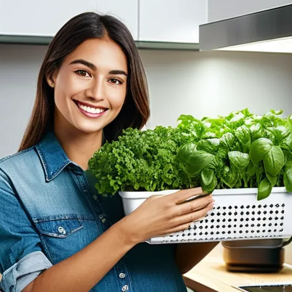 간단한 수경재배 시작하기 - **Prompt 1: The Joy of Home Hydroponic Harvest**
    A smiling woman in her late 20s, with a gentle,...