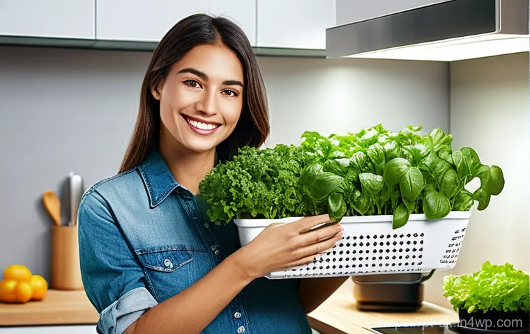 간단한 수경재배 시작하기 - **Prompt 1: The Joy of Home Hydroponic Harvest**
A smiling woman in her late 20s, with a gentle,...