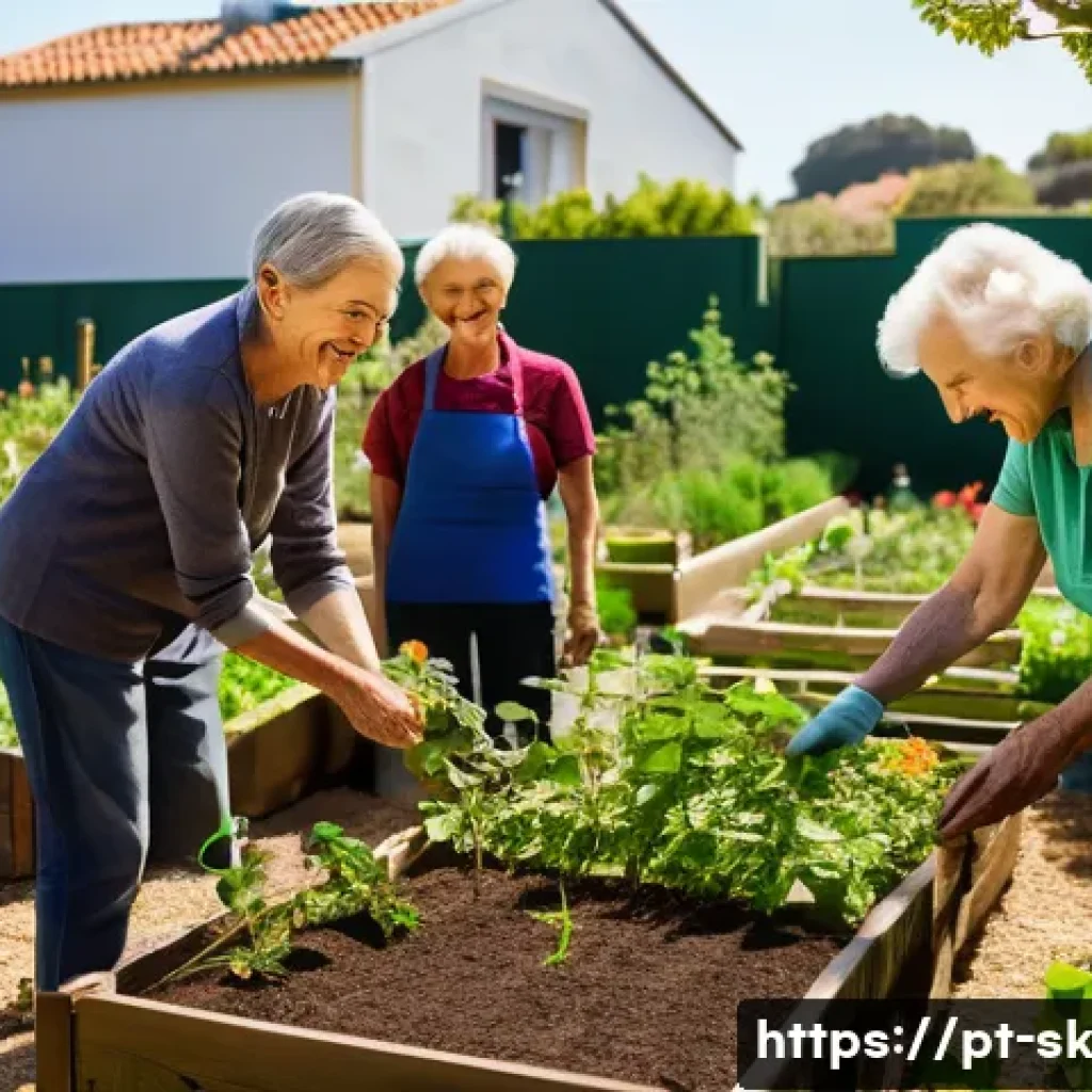 홈가드닝에서의 유용한 커뮤니티 리소스 - **Prompt:** A vibrant community garden scene bathed in warm Portuguese sunlight. A diverse group of ...