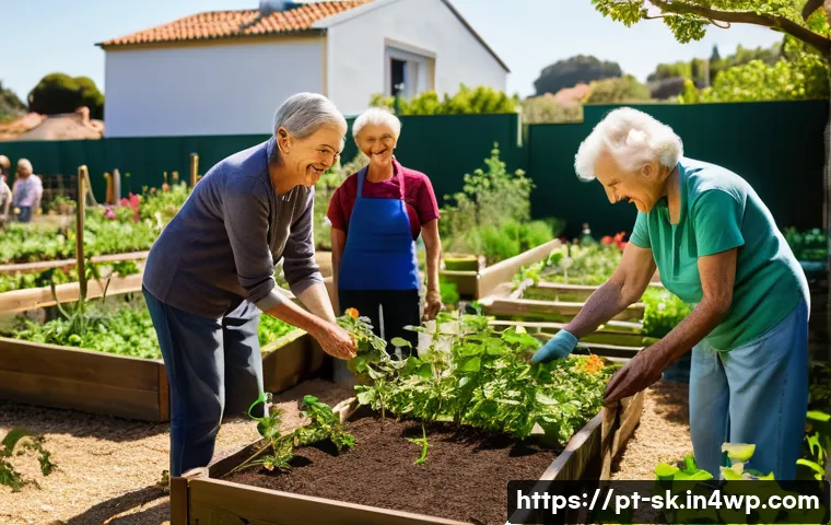 홈가드닝에서의 유용한 커뮤니티 리소스 - **Prompt:** A vibrant community garden scene bathed in warm Portuguese sunlight. A diverse group of ...
