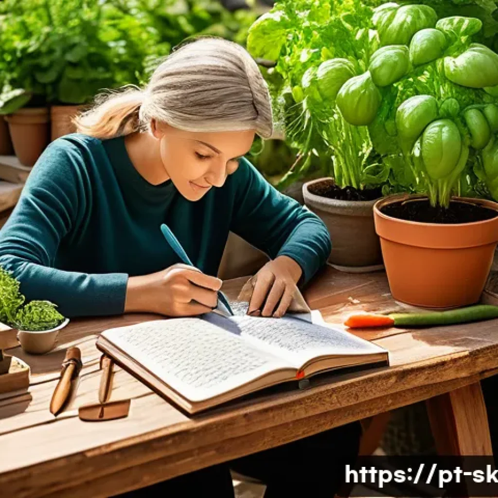 홈가드닝의 성과 기록하기 - A cozy urban garden journal scene showing a person sitting at a wooden table outdoors, writing detai...