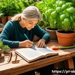 Home 19 홈가드닝의 성과 기록하기 - A cozy urban garden journal scene showing a person sitting at a wooden table outdoors, writing detai...