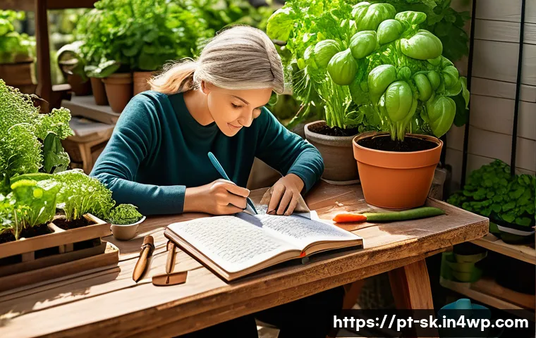 홈가드닝의 성과 기록하기 - A cozy urban garden journal scene showing a person sitting at a wooden table outdoors, writing detai...