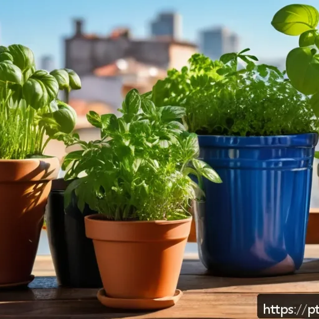 허브를 활용한 요리법과 재배 요령 - A cozy home herb garden setup on a sunny balcony in Brazil, featuring ceramic and plastic pots with ...