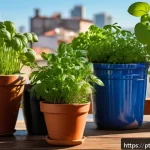Home 17 허브를 활용한 요리법과 재배 요령 - A cozy home herb garden setup on a sunny balcony in Brazil, featuring ceramic and plastic pots with ...