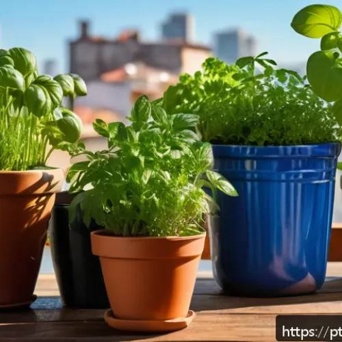 Home 27 허브를 활용한 요리법과 재배 요령 - A cozy home herb garden setup on a sunny balcony in Brazil, featuring ceramic and plastic pots with ...