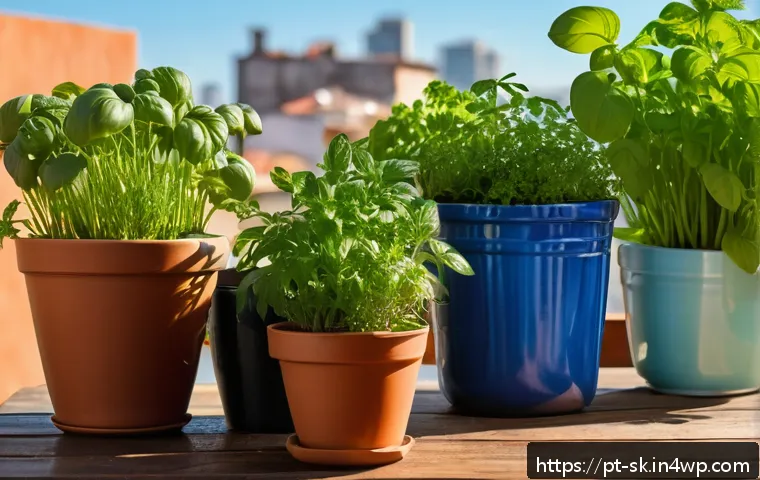 허브를 활용한 요리법과 재배 요령 - A cozy home herb garden setup on a sunny balcony in Brazil, featuring ceramic and plastic pots with ...