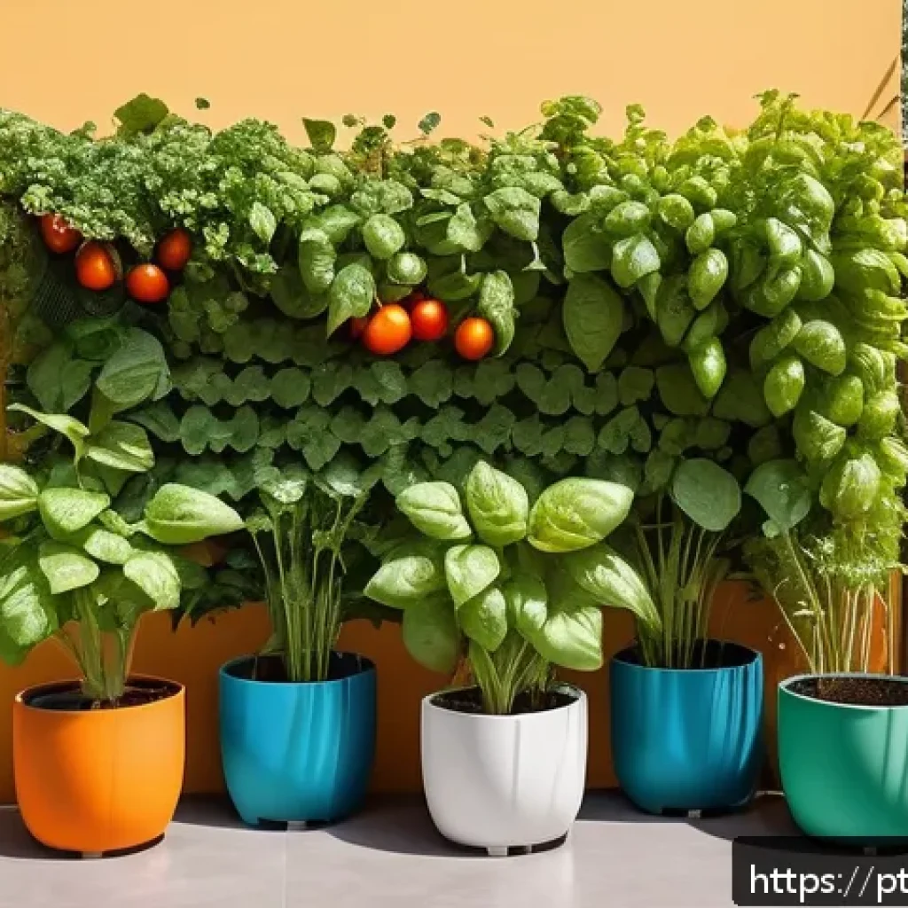채소 재배를 위한 효율적인 공간 활용법 - A vibrant urban garden balcony scene showcasing a well-planned vertical planting system with tomatoe...