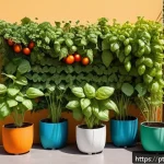 Home 16 채소 재배를 위한 효율적인 공간 활용법 - A vibrant urban garden balcony scene showcasing a well-planned vertical planting system with tomatoe...