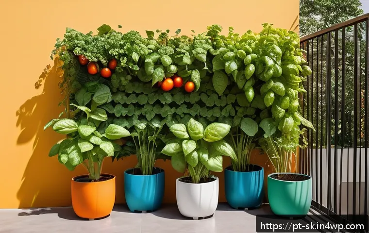 채소 재배를 위한 효율적인 공간 활용법 - A vibrant urban garden balcony scene showcasing a well-planned vertical planting system with tomatoe...