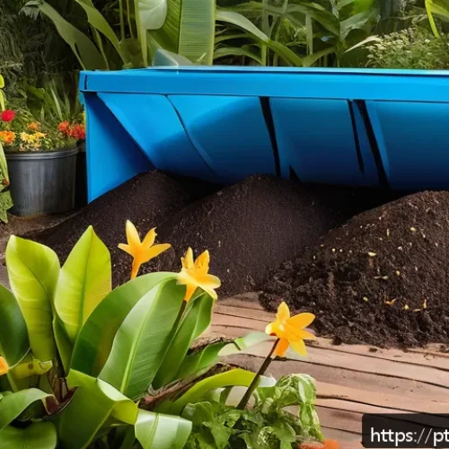 Home 15 식물의 성장 촉진을 위한 유기농 방법 - A vibrant backyard composting setup in a sunny Brazilian garden, featuring a large, well-ventilated ...