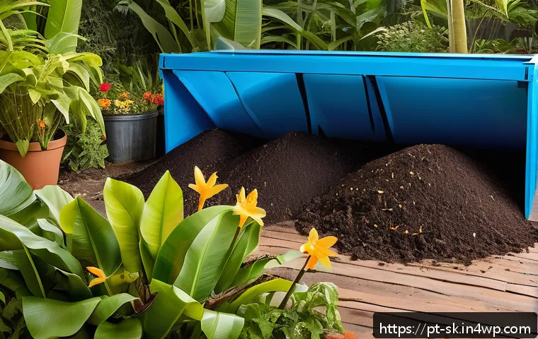 식물의 성장 촉진을 위한 유기농 방법 - A vibrant backyard composting setup in a sunny Brazilian garden, featuring a large, well-ventilated ...