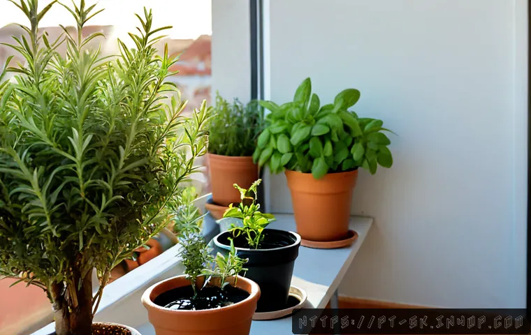 시간이 없는 사람을 위한 빠른 가드닝 팁 - Photorealistic busy professional quickly watering compact herb pots on a sunlit Lisbon apartment bal...